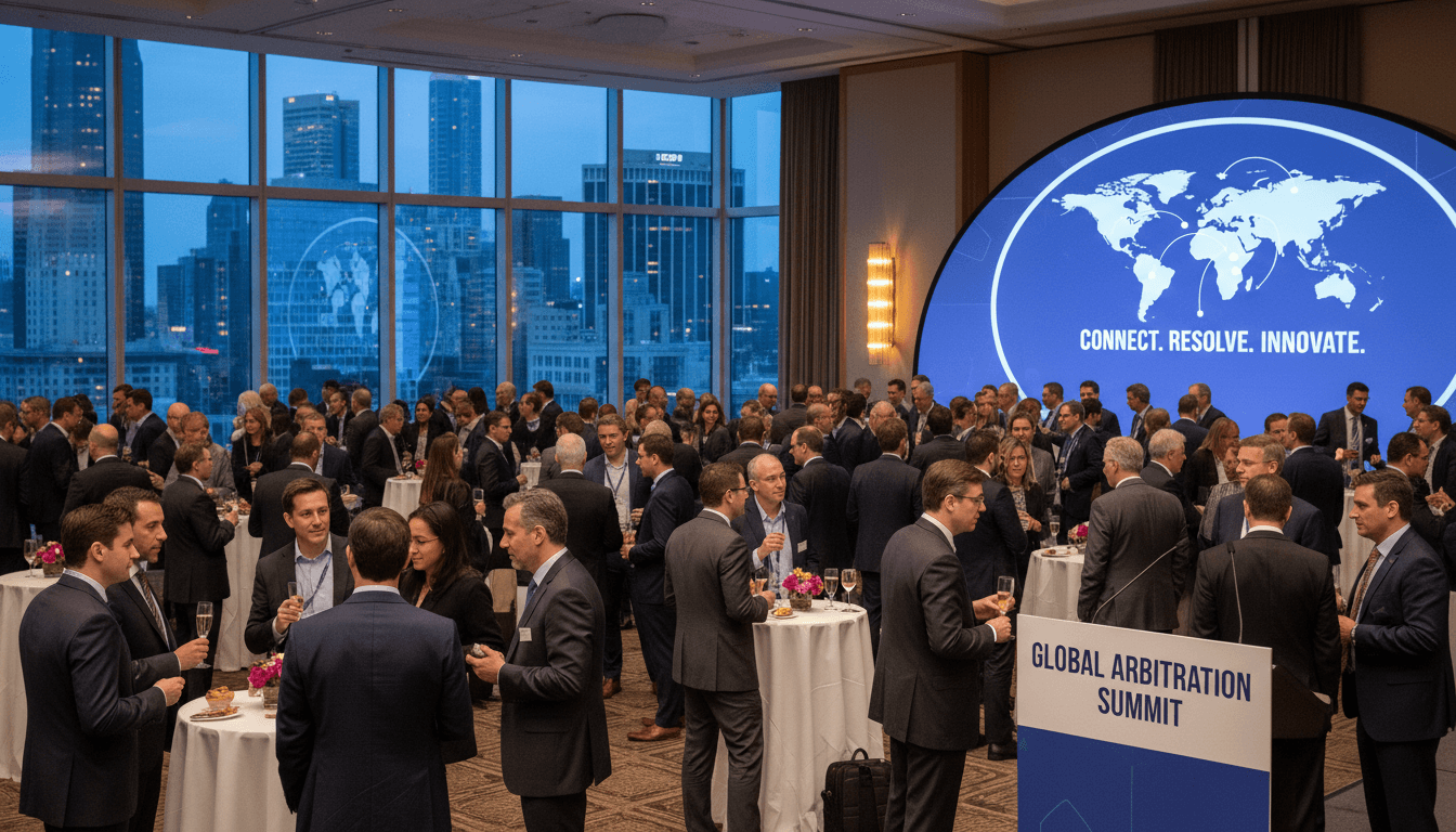 Legal professionals networking at an arbitration event
