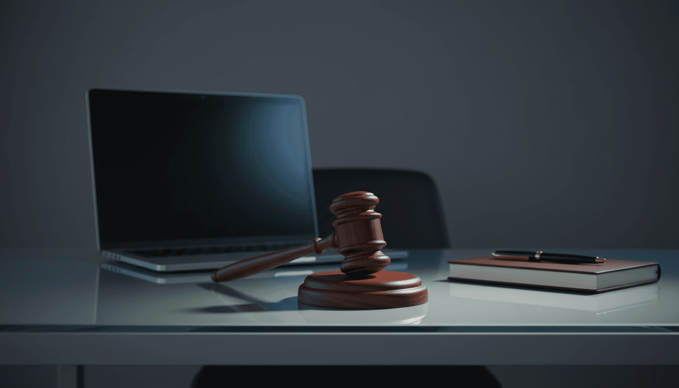 Wooden gavel on a glass desk with a laptop screen glowing in the background