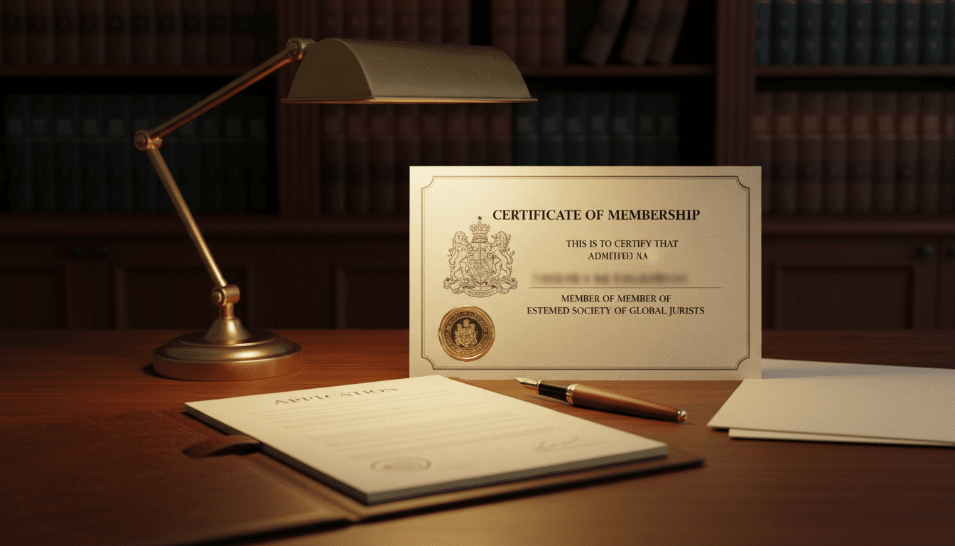 Membership certificate and application folder on a wooden desk with fountain pen and gold seal