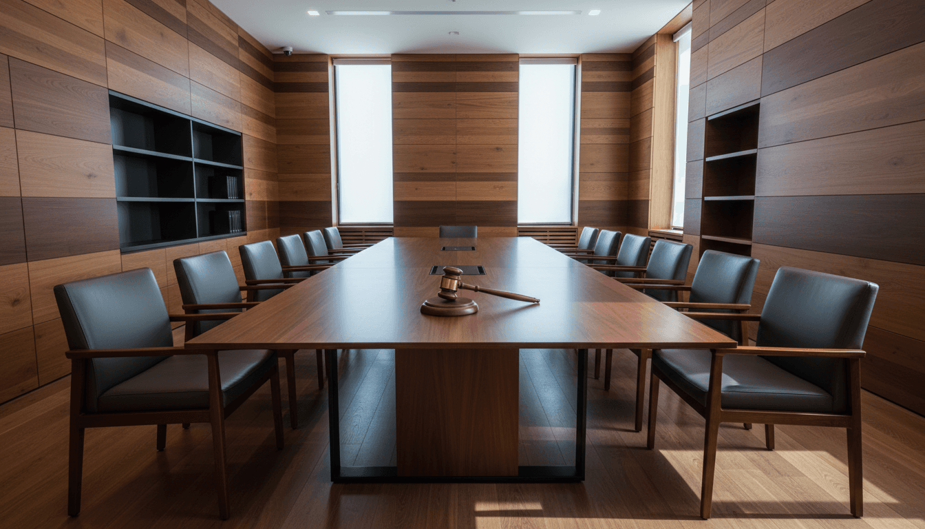 Empty arbitration hearing room with mahogany table and leather chairs