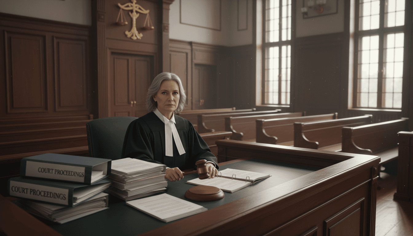 Professional judge in robes seated at courtroom bench with gavel and legal documents