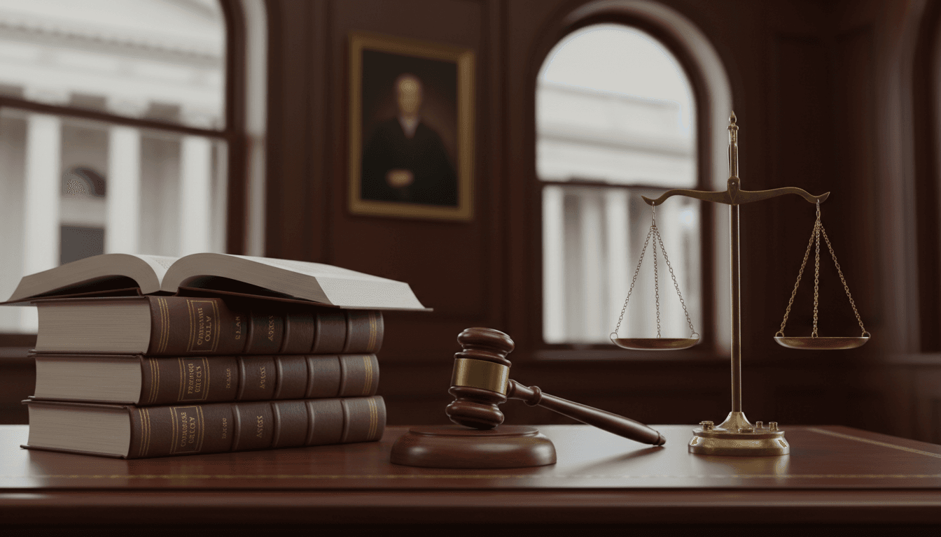 Gavel and law books on a polished wooden desk in a formal legal setting