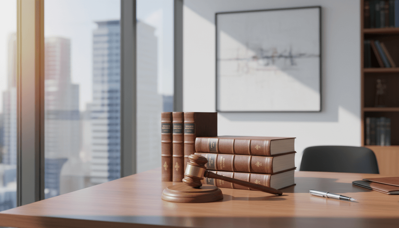 Gavel and law books on a polished wooden desk in a modern legal office