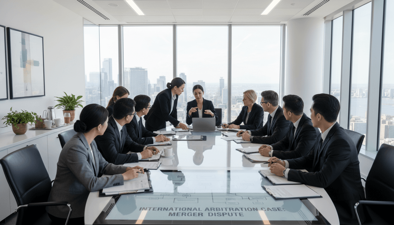International legal professionals in a meeting discussing arbitration case