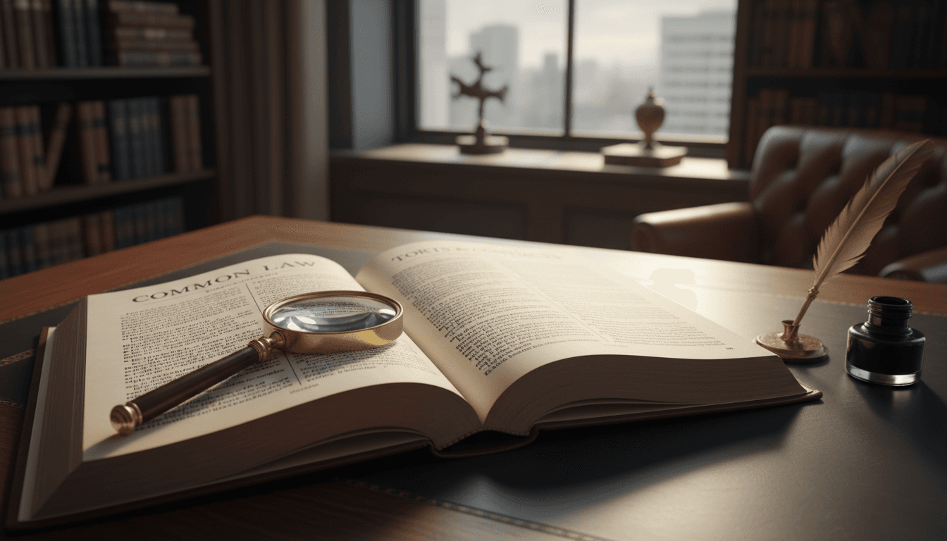 Open law book with legal text on desk