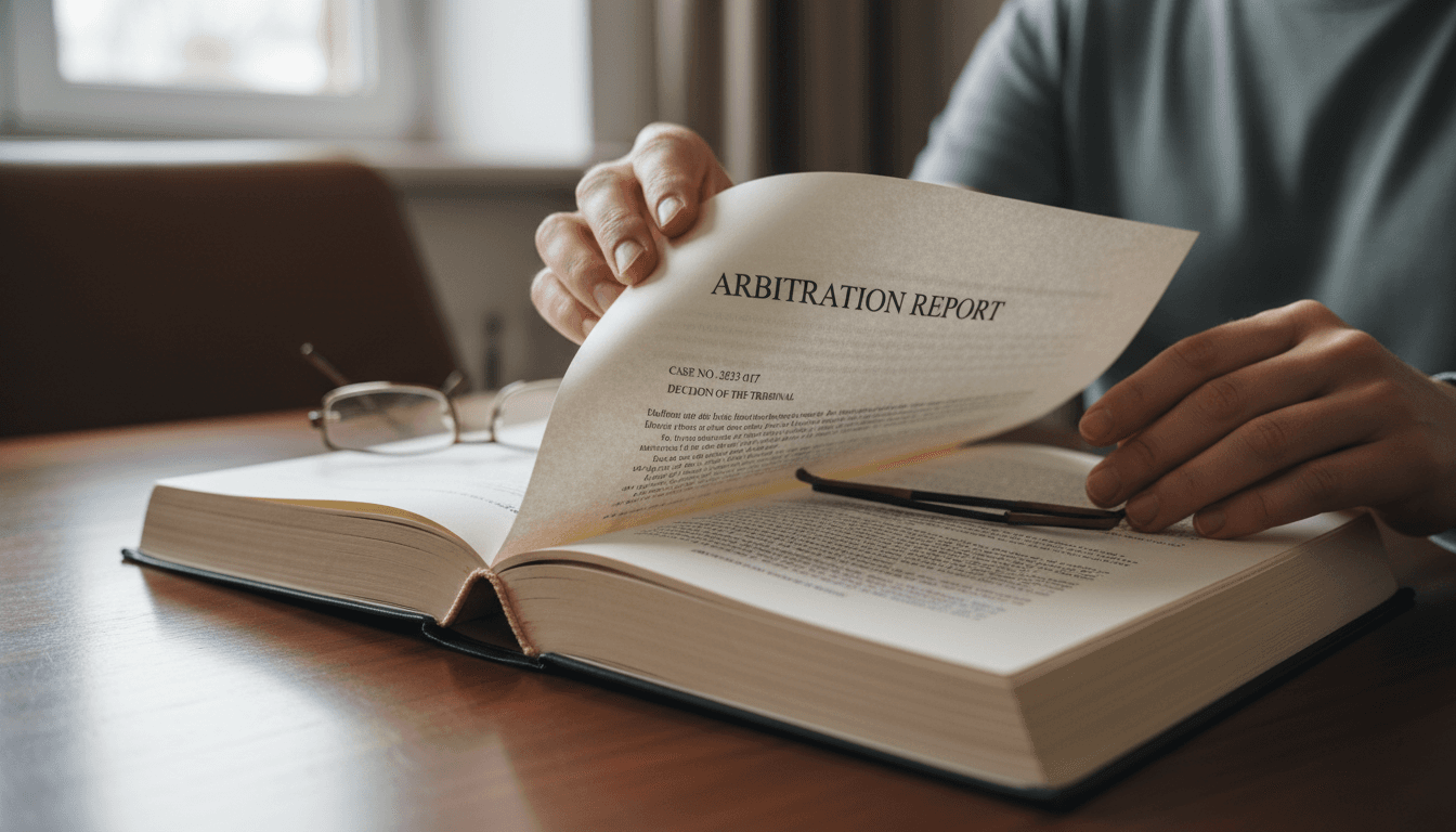 Hands reading printed arbitration report