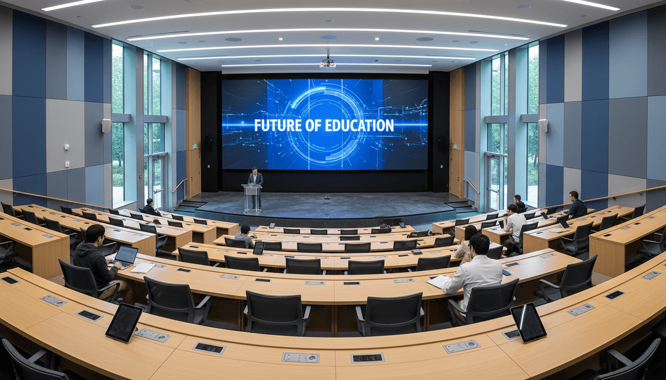 Modern lecture hall with presentation screen and attendees seated at desks