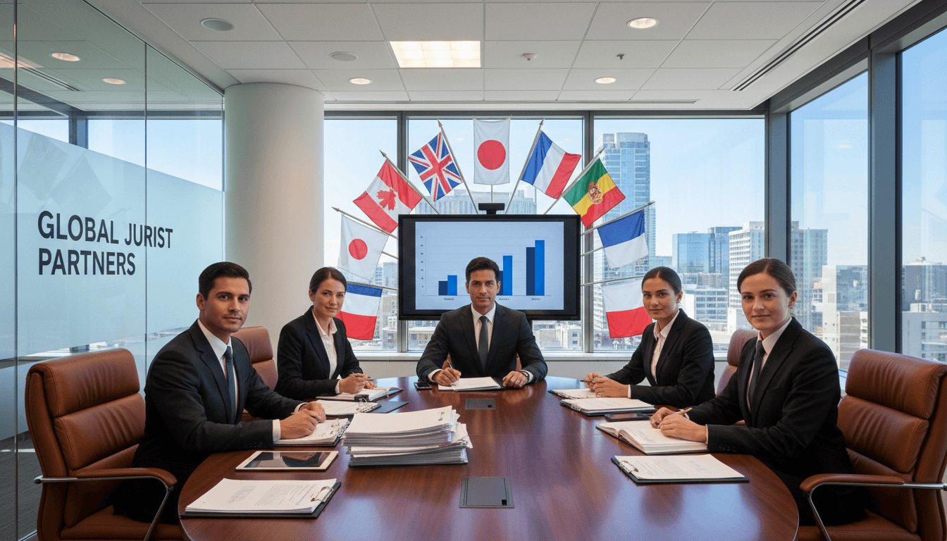 Legal professionals in a modern conference room with international flags and arbitration documents