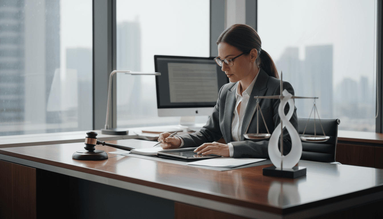 Legal professional preparing case documents at modern desk in professional office