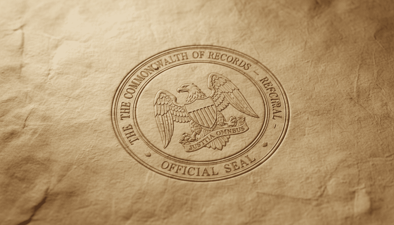 Close up of an embossed legal seal on a parchment document