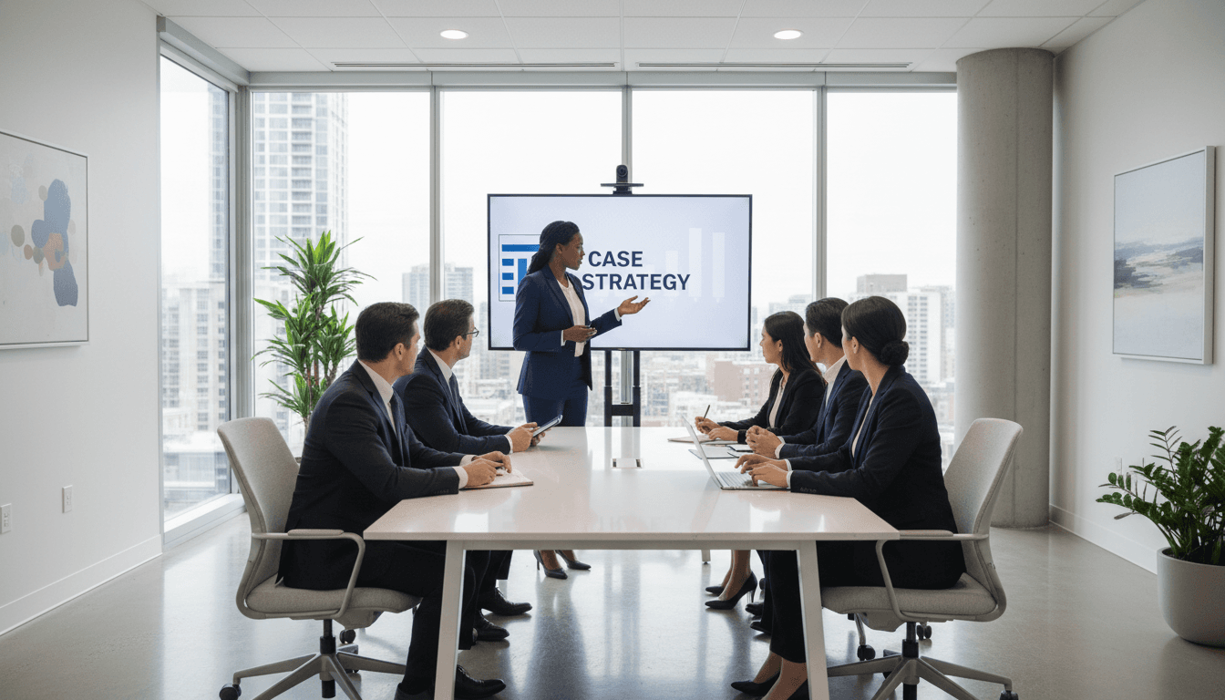 Legal professionals in a bright modern office discussing documents around a conference table