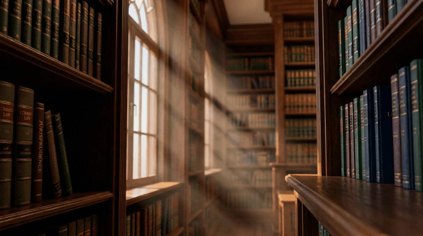 A quiet academic library with legal textbooks on dark wooden shelves and an open book on a reading table