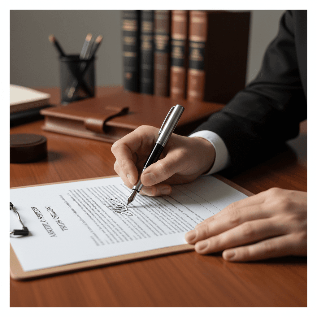 Hand signing a legal document on a professional desk