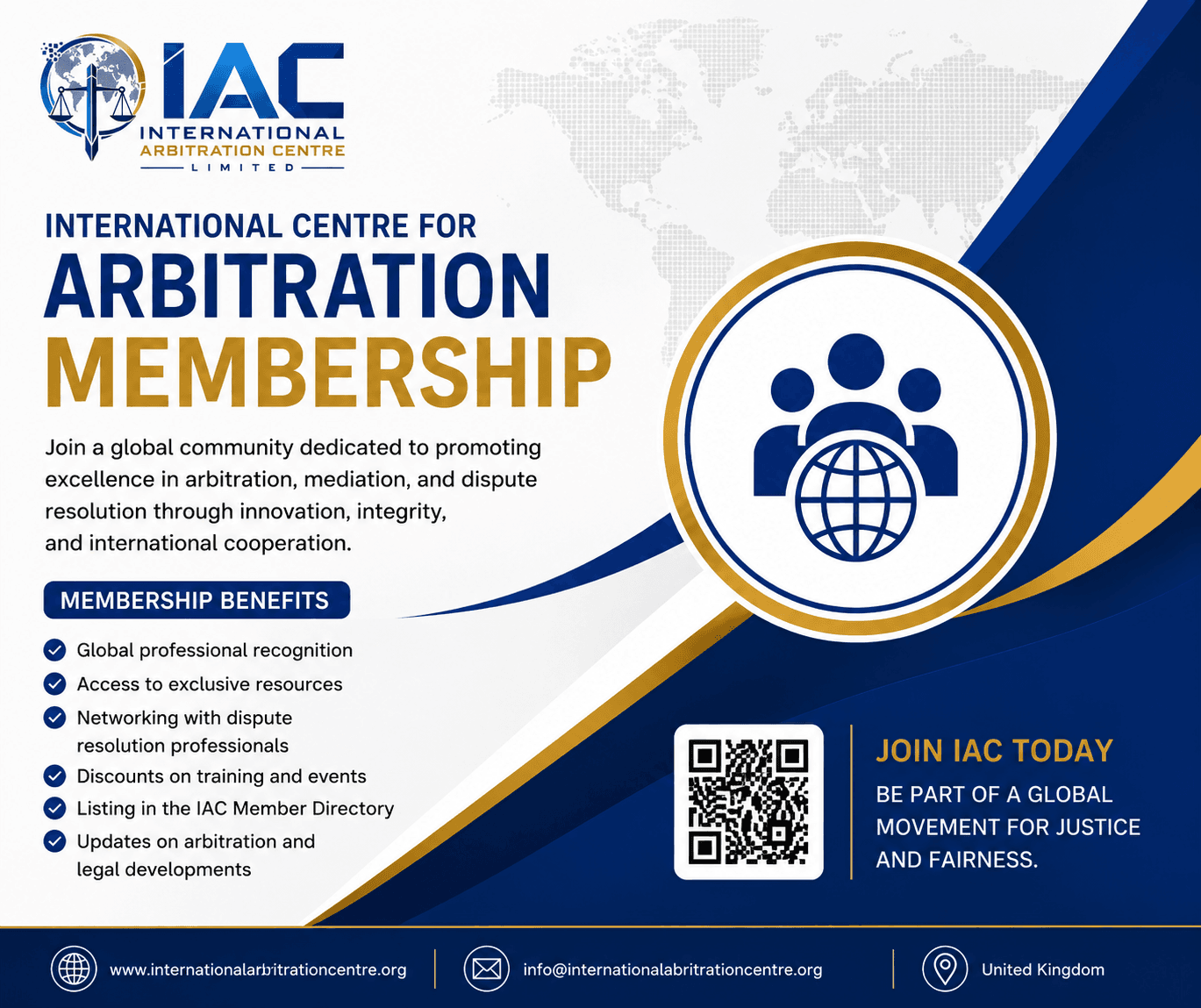 International Arbitration Centre membership flyer listing benefits, global community focus, and a QR code.